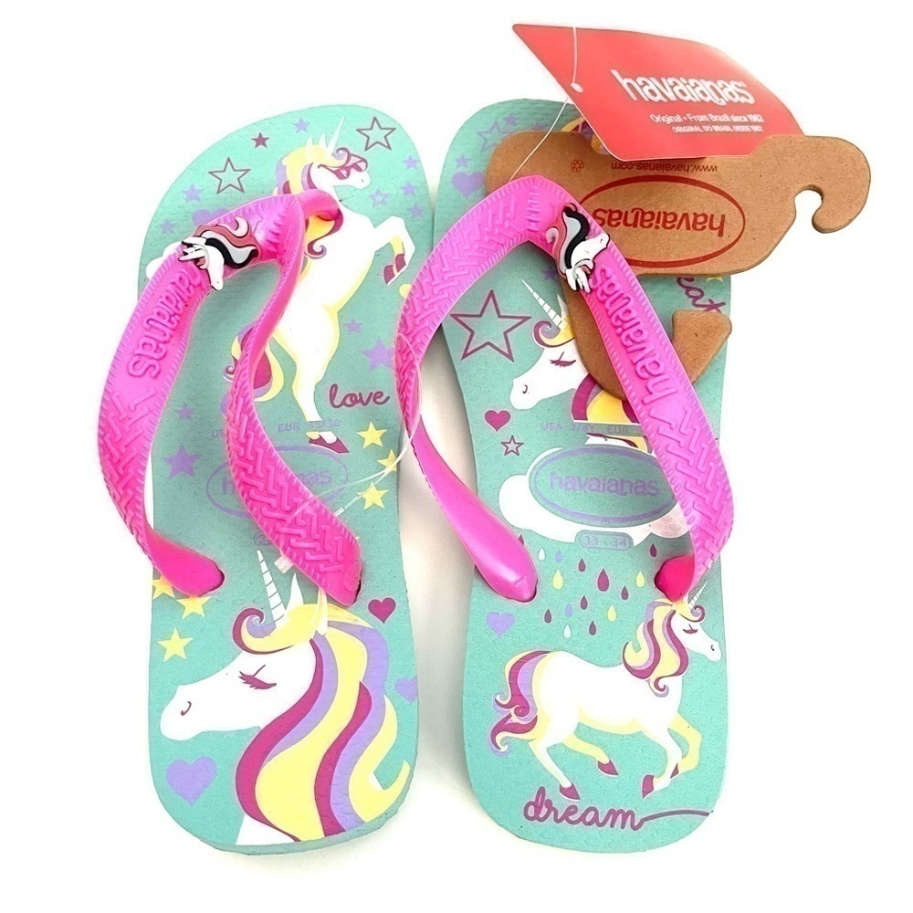 new Havaianas Ice Blue & Pink Unicorn Fantasy Flip Flop Big Kid 3-4